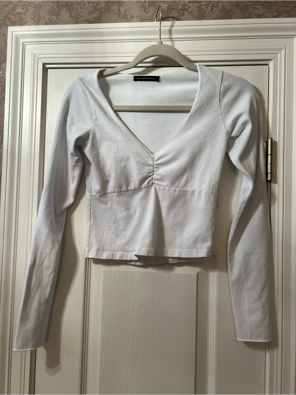 Brandy Melville White V-Neck Long Sleeve Crop Top